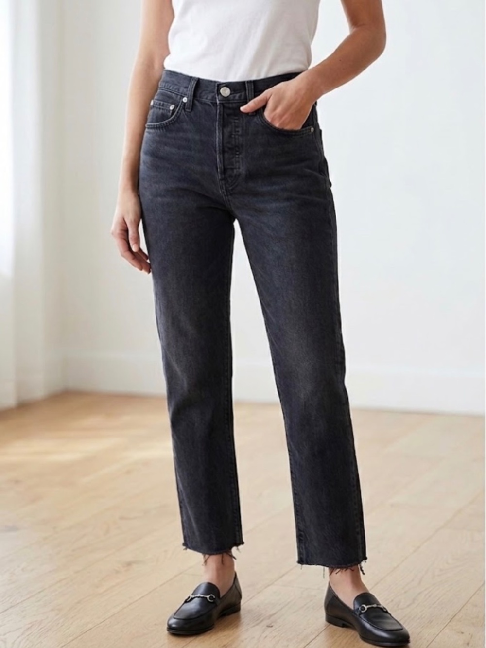RE/DONE Originals High Rise Stovepipe Jeans Faded Black Raw Hem 28
